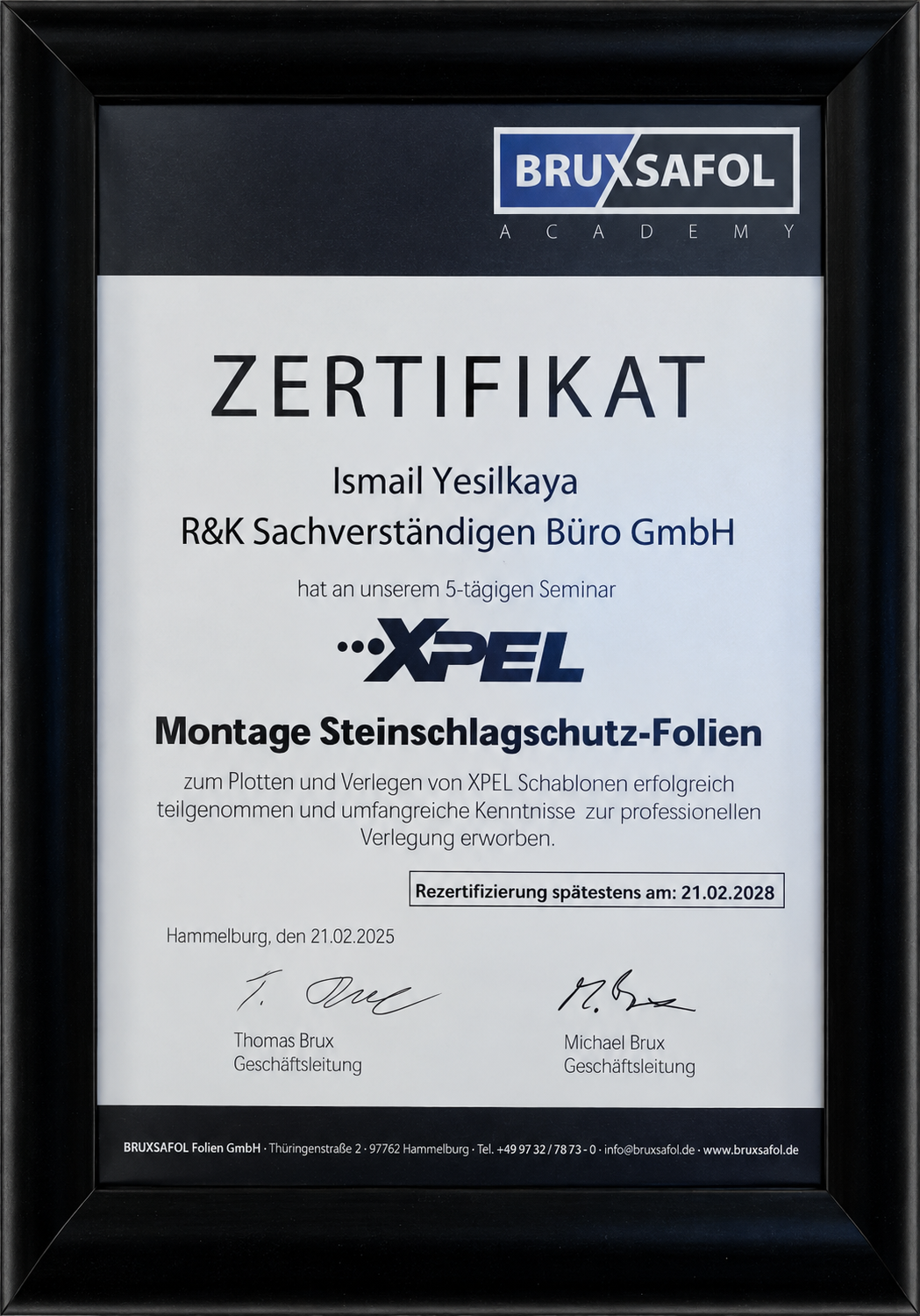 Zertifikat über das XPEL Seminar zur Montage von Steinschlagschutzfolien